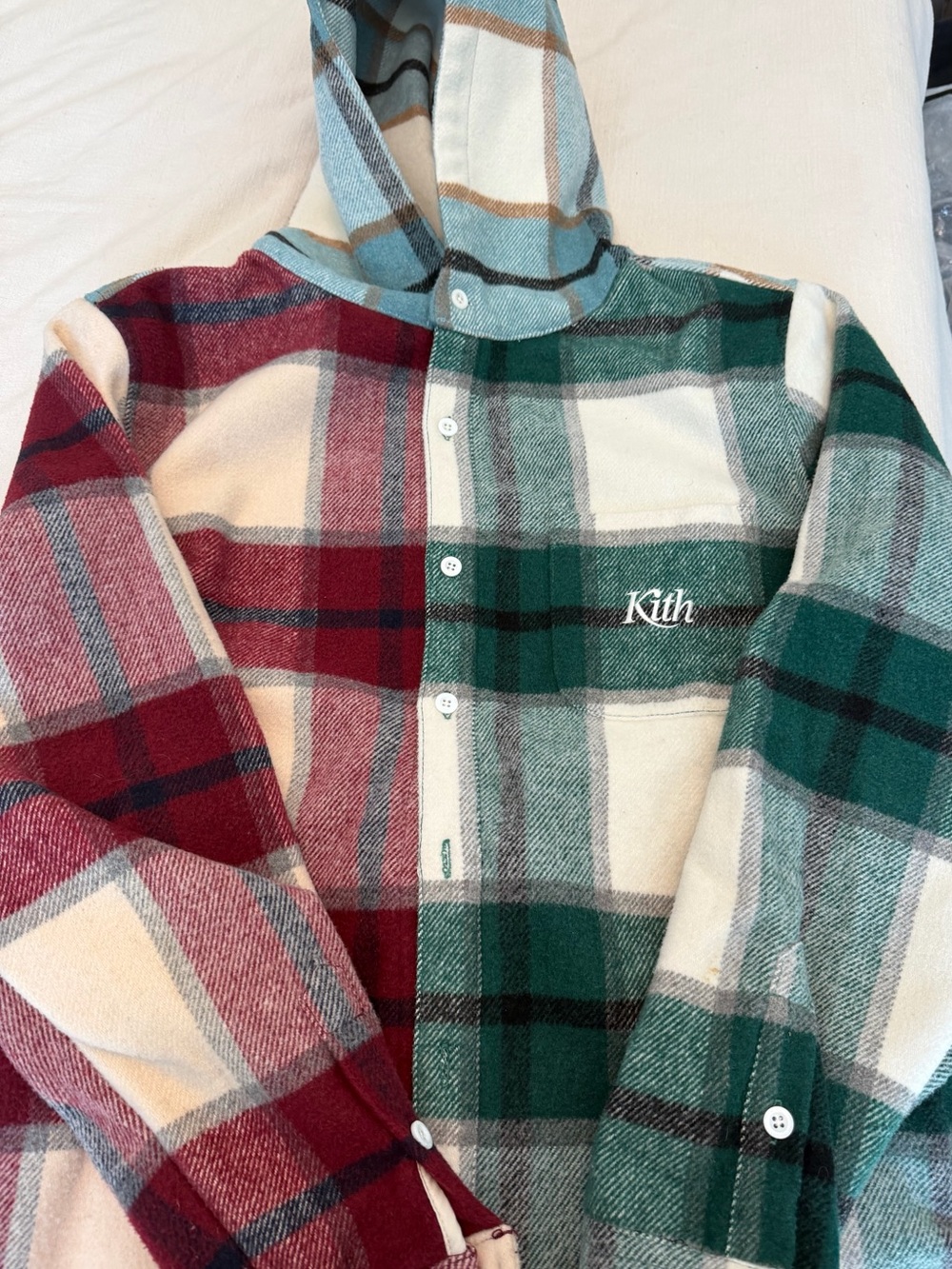 Kith Plaid Hooded Shirt Jacket in Light Blue, Cream & Tan